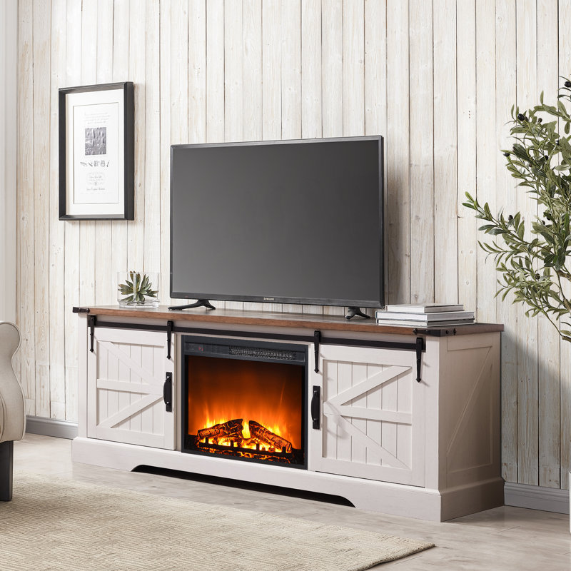 Meuble télé avec foyer Makenli, Blanc antique