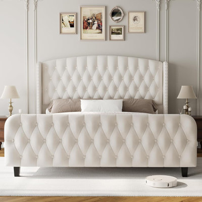 51" Velvet Bed Frame with Wingback Headboard - Tufted Upholstered Platform Bed, No Box Spring Needed by House of Hampton