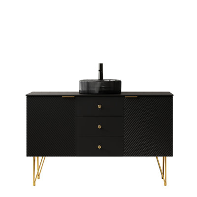 48" Freestanding Bathroom Vanity With 4 Gold - Toned Legs, 3 Drawers, 2 Doors, Transparent Black Glass Basin And Sintered Stone Top Metal Countertop