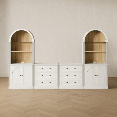Modern Modular Kitchen Pantry With Drawer Cabinets, Hinge Door Base Cabinets And Arched Tall Hutches, White