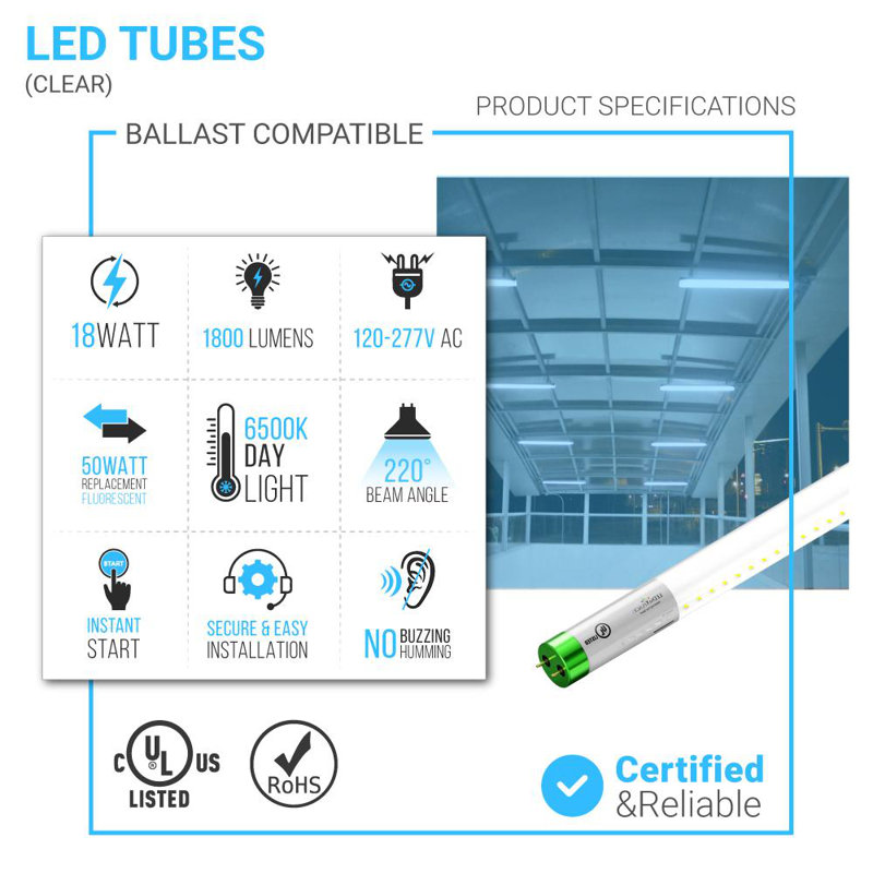 18 watts (équivalent à 50 watts), ampoule à DEL T8 non-à intensité variable, culot G13/à deux broches, 6 500 K