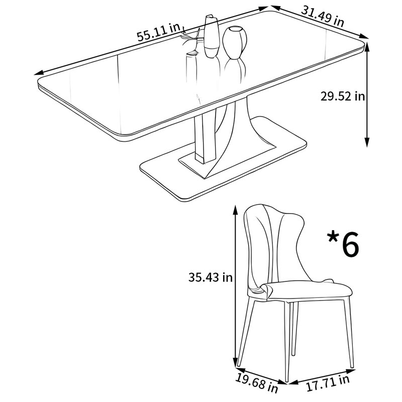 Ensemble de table de salle à manger rectangulaire et chaises, H 29,52 po x L 55,11 po x l 31,49 po