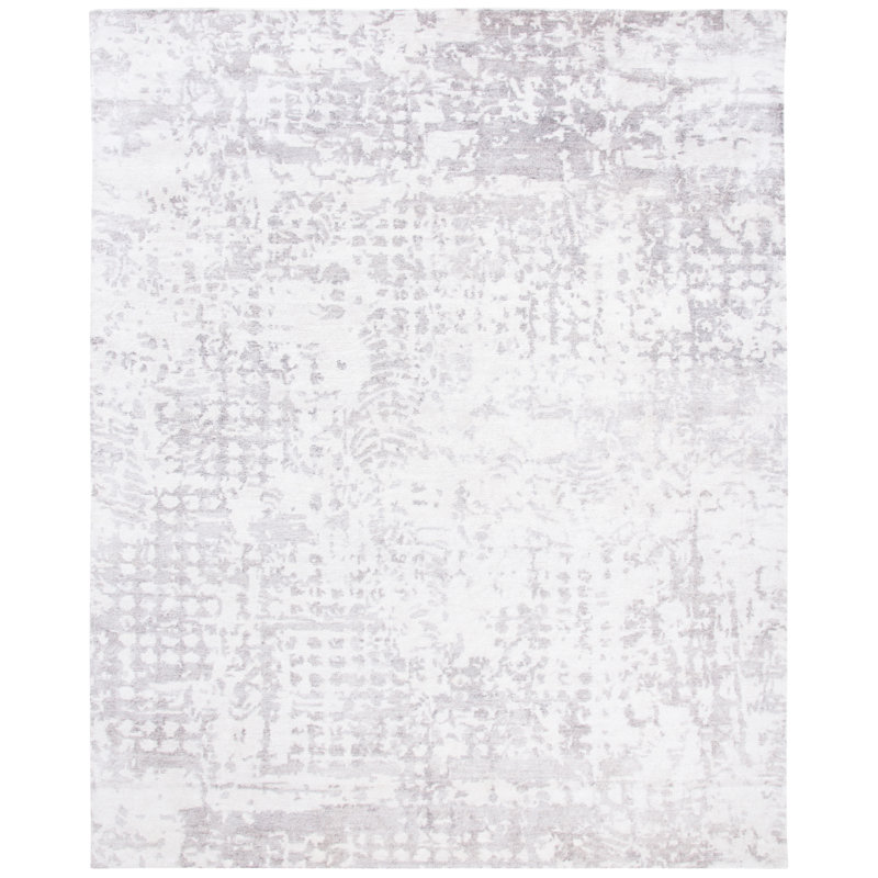 Tapis tibétain en viscose / coton noué à la main argent / ivoire, Rectangle 6 pi x 9 pi