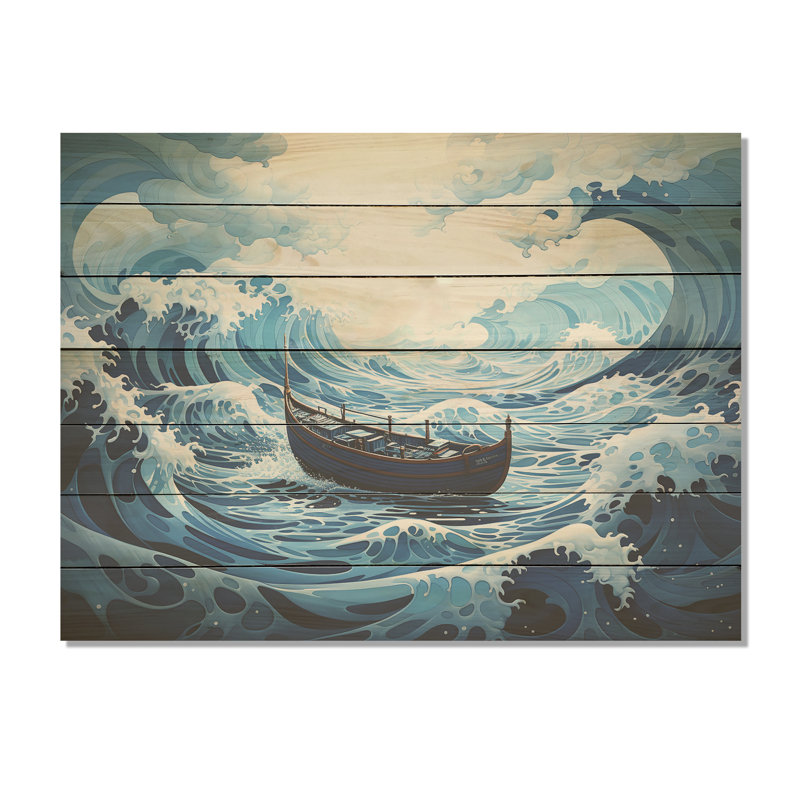 Bleu surréel - Bateau côtier sur bois, H 24 po x l 32 po x P 0,78 po