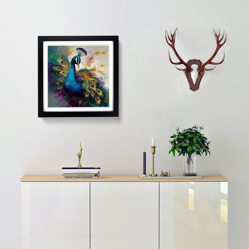 Peacock Gestural Art No.1 - Single Picture Frame Print on Wood, Black