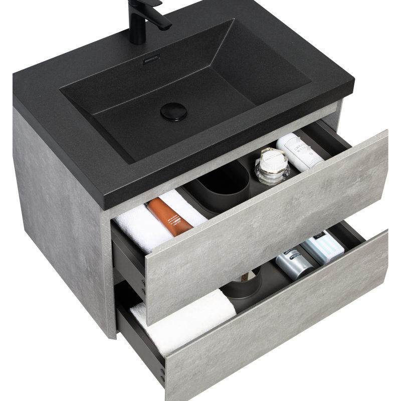 Meuble-lavabo de salle de bain flottant 30 po gris avec comptoir en quartz et lavabo à fermeture en douceur