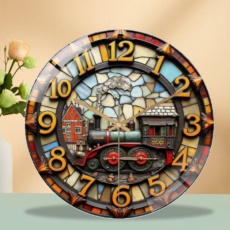 Vintage Train Wall Clock Decorative Home Decor Art - 12'' Modern Glass Wall Clock