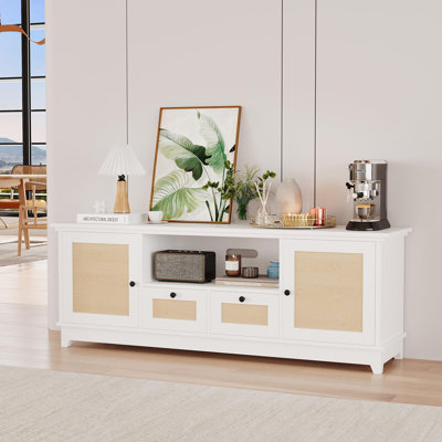 Meuble télé en rotin pour téléviseur de 70 po ou moins, console média moderne avec 2 armoires et 2 tiroirs