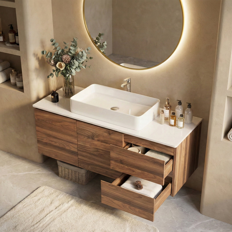 48'' Modern Walnut Wall-Mounted Single Vessel Sink Bathroom Vanity Set with Sintered Stone Top,2 Doors & 2 Drawers