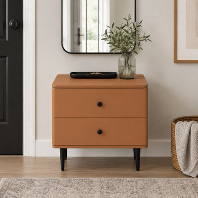 19.7" Modern Faux Leather 2-Drawer Nightstand with Solid Wood Body and Black Legs