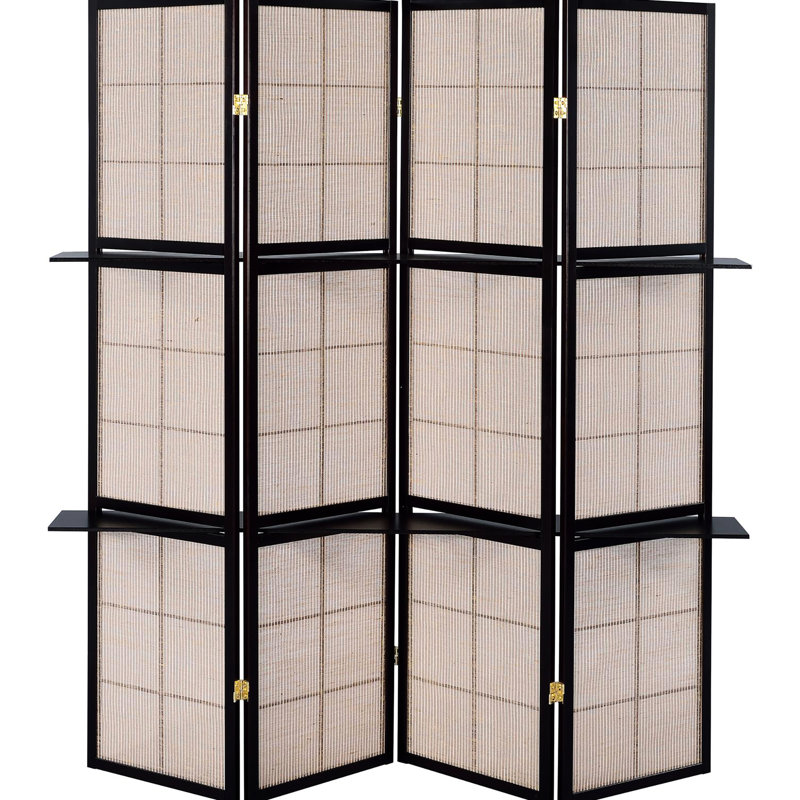 Paravent pliant beige et cappuccino avec étagères, embellit la décoration, 4 pièces de rangement, style transitionnel