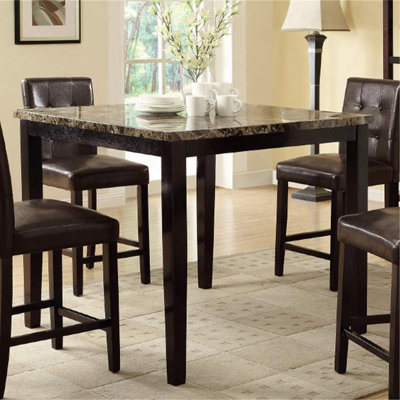 5-Piece Contemporary Counter Height Dining Set, Brown Finish with Faux Marble Top & Tufted Cushioned Chairs