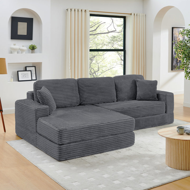 Siège gauche du canapé, canapé modulaire en forme de L, canapé modulaire compressé en velours côtelé de style minimaliste moderne, se déplie en lit, chambre à coucher, canapé confortable et compact