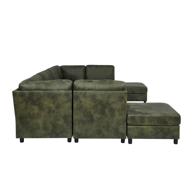 Keslyme Faux Leather Fabric Upholstered Modular Sectional, Olive Faux Leather , Round