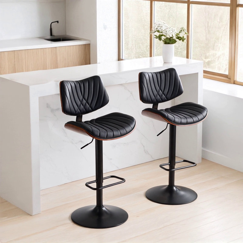 Chaises de bar pivotantes réglables Mid-Century, Similicuir noir