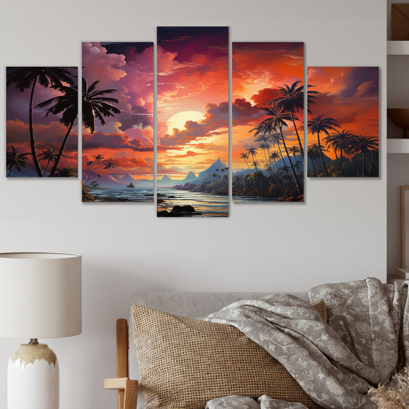 «Coral Palm Trees Landscape II», reproduction d'art sur toile - 5 panneaux