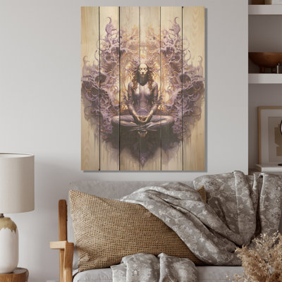 Femme méditation «Mind I», art mural sur bois de pin naturel