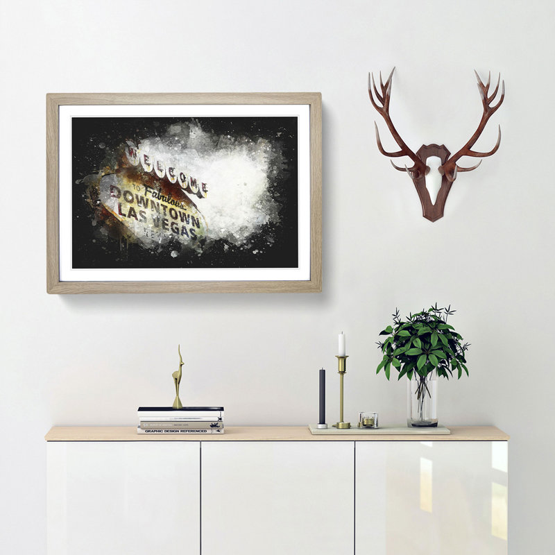 Downtown Las Vegas Sign Paint Splash - Picture Frame Graphic Art, 62cm H x 87cm W x 2cm D, Oak Framed