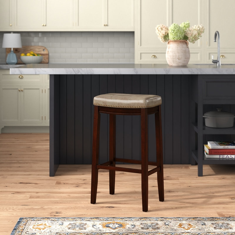 Bartonville Counter & Bar Solid Wood Backless Stool with Upholstered Seat, Beige Faux Leather/Dark Brown