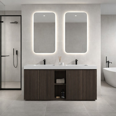 Adria 60" Freestanding Double Bathroom Vanity With Integrated Black Quartz Sink, Fluted Wood Cabinet, Soft-Close Storage, In Walnut Brown / Smoked / Light Oak