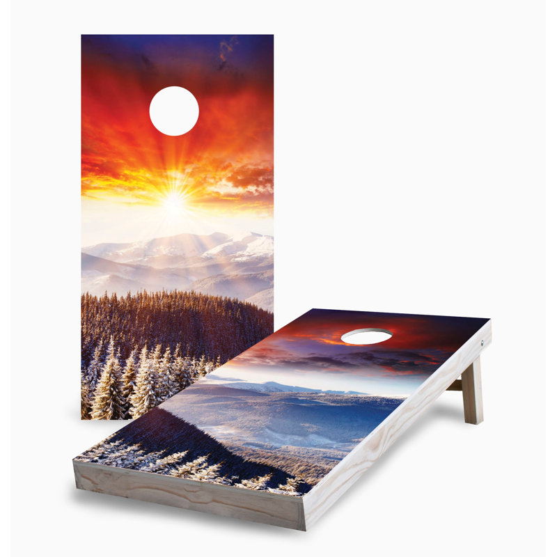 Sunset Winter Mountains 2x4 Cornhole Board Set | Includes (2) Boards (8) Bags & Optional Accessories, Add Case & Lights