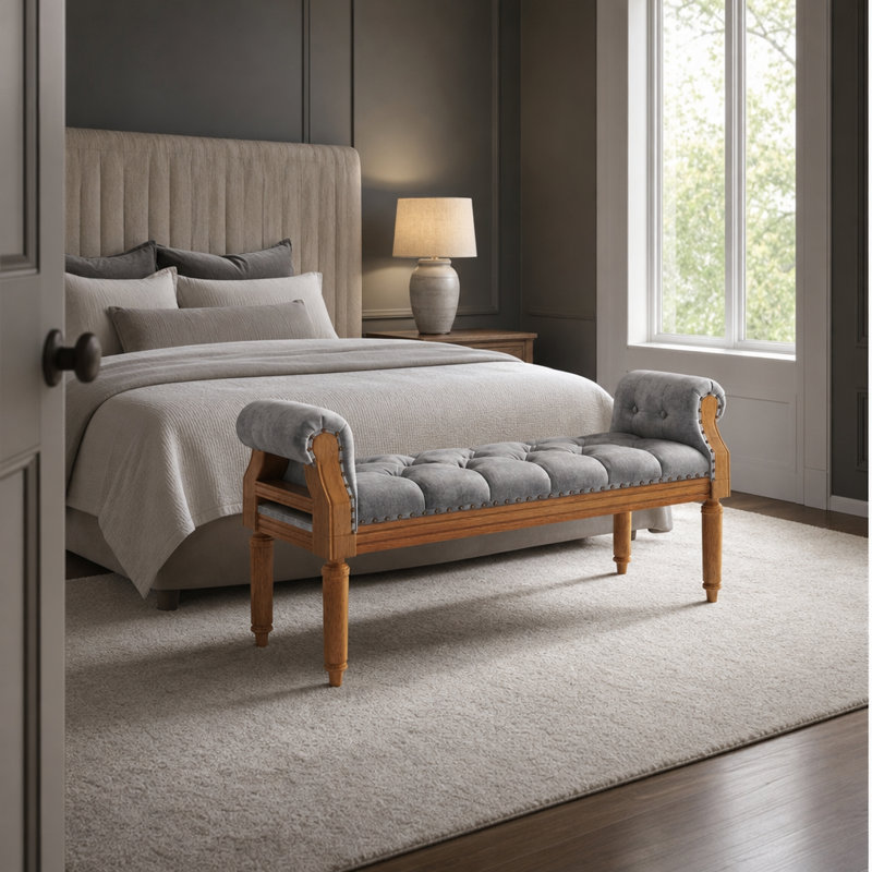 Banc rembourré en bois massif de style Mid-Century avec accoudoirs roulés, repose-pieds capitonné classique avec garniture cloutée décorative, banc de bout de lit polyvalent, siège de fenêtre, banc de chaussures pour hall d'entrée