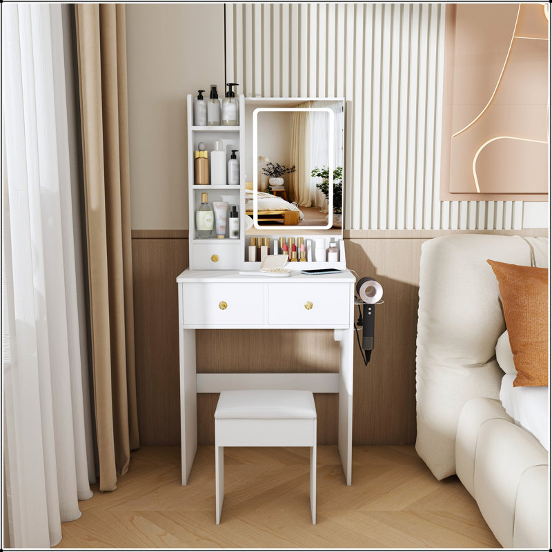Petit meuble-lavabo moderne avec 3 modes d'éclairage DEL, luminosité réglable, tiroirs, tablettes, support pour sèche-cheveux et fauteuil
