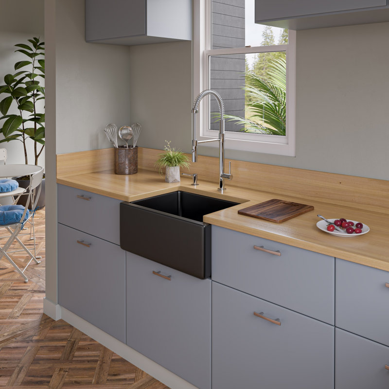 Évier de cuisine réversible en argile réfractaire lisse et cannelée L 24 po x l 18 po, Noir lustré