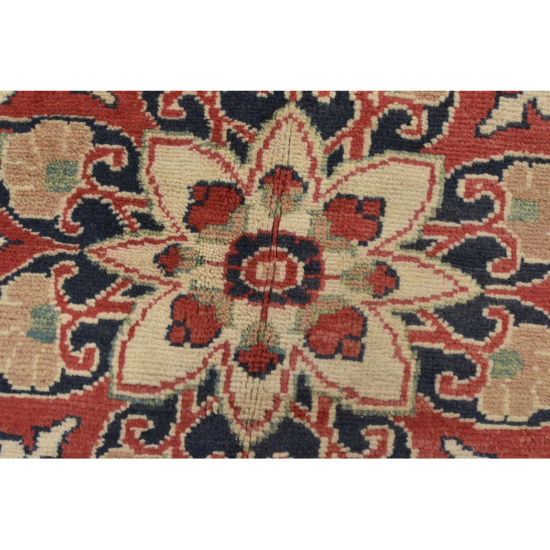 Hand-Knotted Green and Red Wool Cotton Area Rug