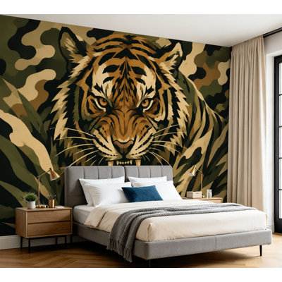 Wall Mural Peel and Stick Wallpaper Fierce Tiger Bold Camouflage Style Jungle Foliage Self-Adhesive Removable Contact Paper Wall Decor for Living Room Bedroom 100"H x 144"W