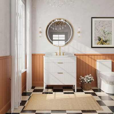 Ensemble de meuble-lavabo autoportant blanc 36 po avec 2 ensembles de poignées et un plateau en marbre d'ingénierie entièrement assemblé