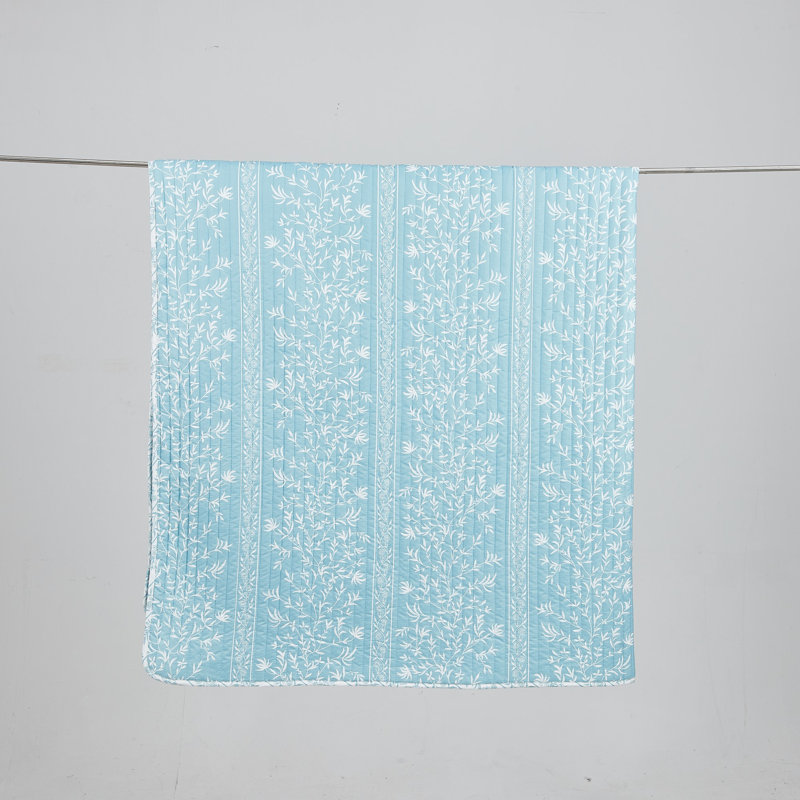 Twin Linear Floral Blue Microfiber Reversible Quilt Set