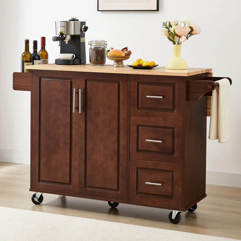 Îlot de cuisine polyvalent avec porte-serviettes et rangement interne, rangement pratique brun 5 roulettes lisses, Brun