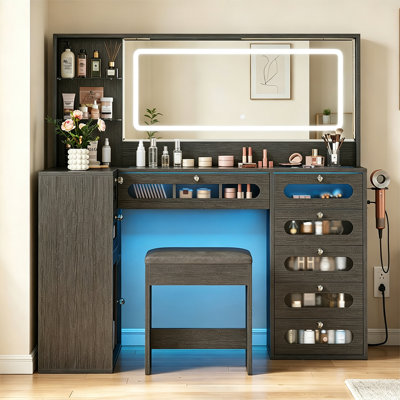 Meuble coiffeuse blanc - Miroir lumineux DEL pleine longueur, station de recharge, armoires, 8 tiroirs, plateau en verre, coiffeuse élégante avec barre lumineuse pour chambre (avec tabouret rembourré)