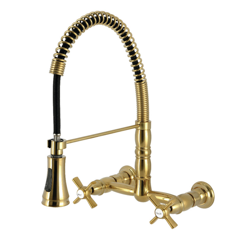 Kingston Brass Millennium Double-Handle 2-Hole Wall-Mount Pre-Rinse Bridge Kitchen Faucet, Brushed Brass