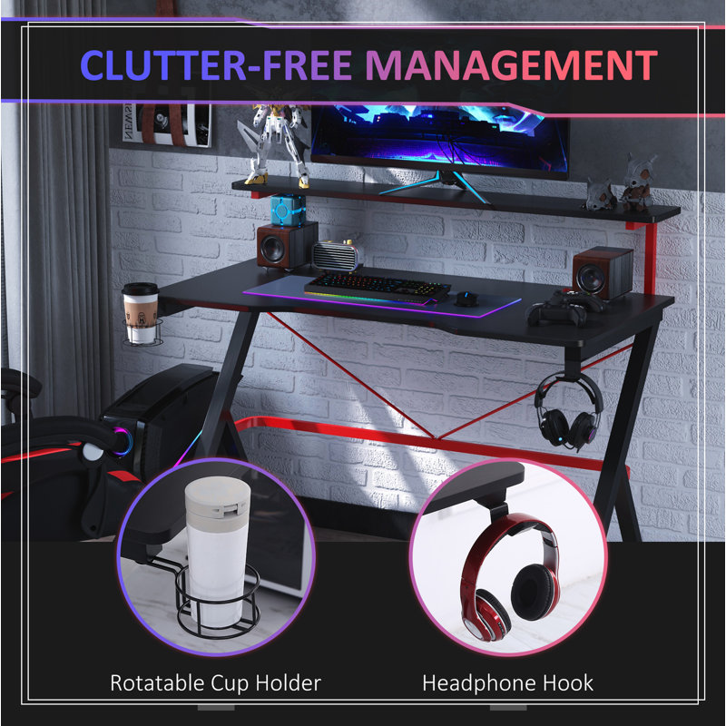 Gaming Desk Racing Computer Desk Workstation with Elevated Monitor Shelf Rotatable Cup Holder
