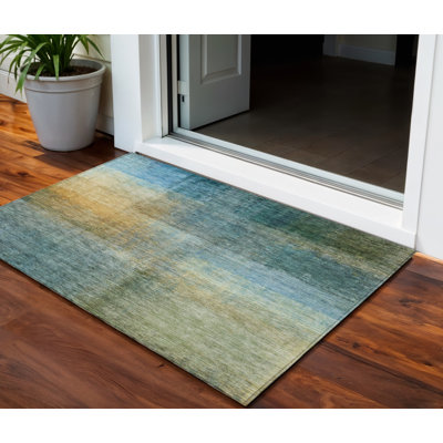 Tapis intérieur lavable abstrait bleu doré et vert 3 pi x 5 pi