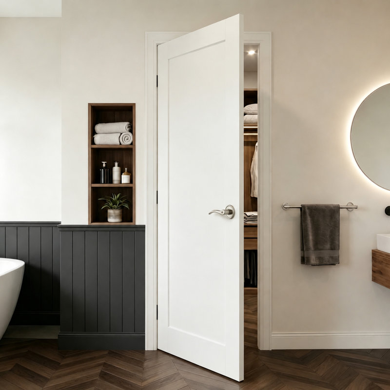 Porte de garde-manger à 1 panneau de style solide avec cadre assorti - Porte intérieure en panneau de fibres à densité moyenne blanche de style pré-suspendu avec poignée levier argentée