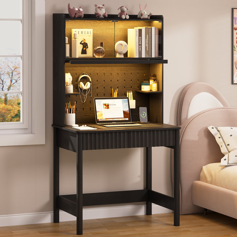 Computer Desk with Power Outlet and Tri-Color Light, Black