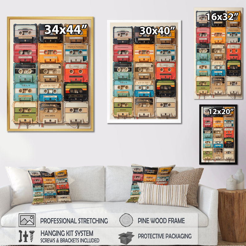 Xyler Popart Cassette Tapes IX - reproduction sur toile, H 40 po x l 30 po x P 1,5 po, Cadre photo noir