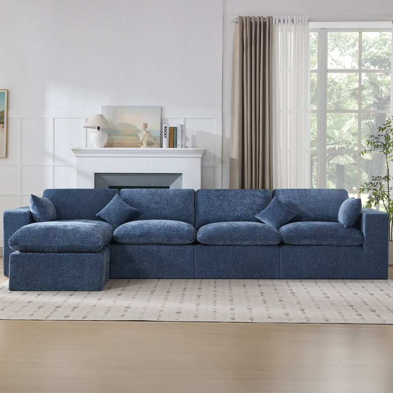 Compression Sectional Couch with Ottoman, Blue Chenille, 5