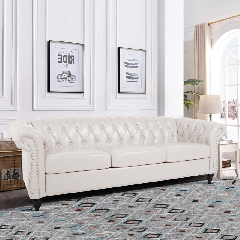 Deaneen 83.85'' Faux Leather Sofa, White Faux Leather