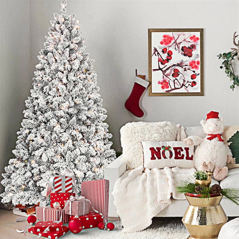 Arbre de Noël floqué avec support en métal, Blanc chaud, 7.5'