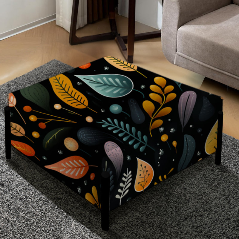 Feuilles multicolores botaniques sur motif noir - grand repose-pieds carré botanique