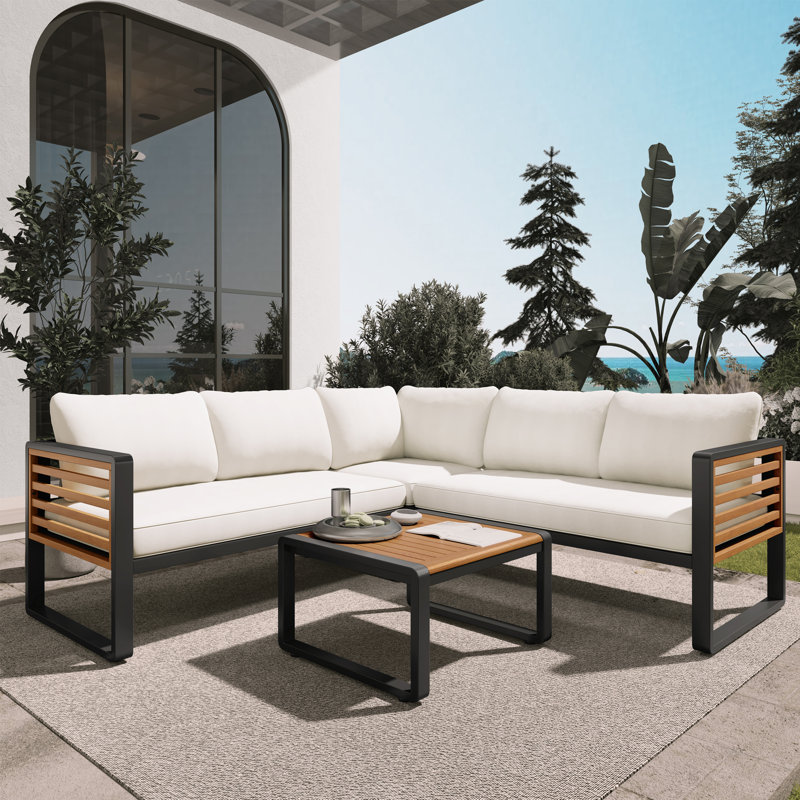 Brycen Outdoor 4-Piece Acacia Wood Conversation Set with Cushions, Beige