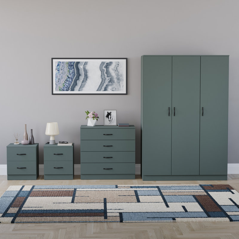 Tayce 4 Piece Bedroom Set (2 Drawer Bedside Chest X2, 4 Drawer Chest, 3 Door Wardrobe), Green