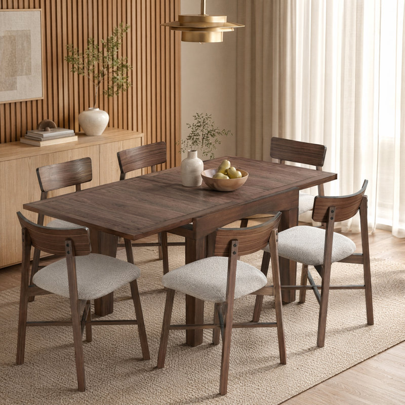 Extendable Solid Wood Dining Set, Walnut, 6