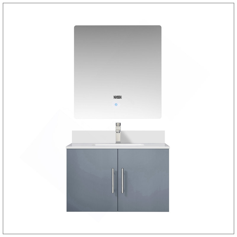 Meuble-lavabo élégant 30 po X P 22 po D, plateau en marbre de culture, ensemble de robinet et Miroir à DEL, Gris foncé