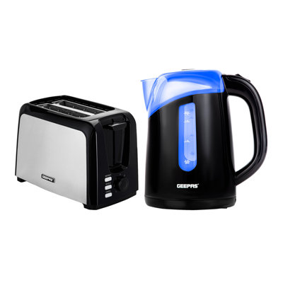 GEEPAS 2 Slice Bread Toaster & 1.7L Illuminating Electric Kettle Combo Set | 750W Toaster, 7 Level Browning Control, Defrost, Reheat & Cancel Function | 2200W Cordless Jug Kettle, Auto Shut Off