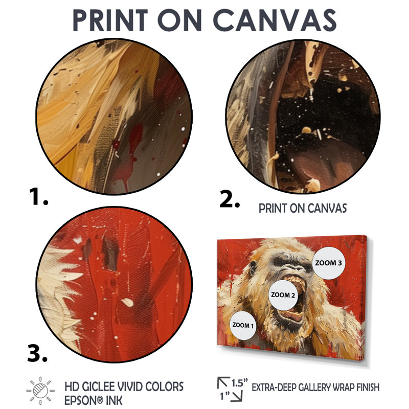Beige rouge frénésie Bigfoot - impression d'art mural Bigfoot, Toile avec cadre flottant brun, H 28 po x l 60 po x P 1,5 po
